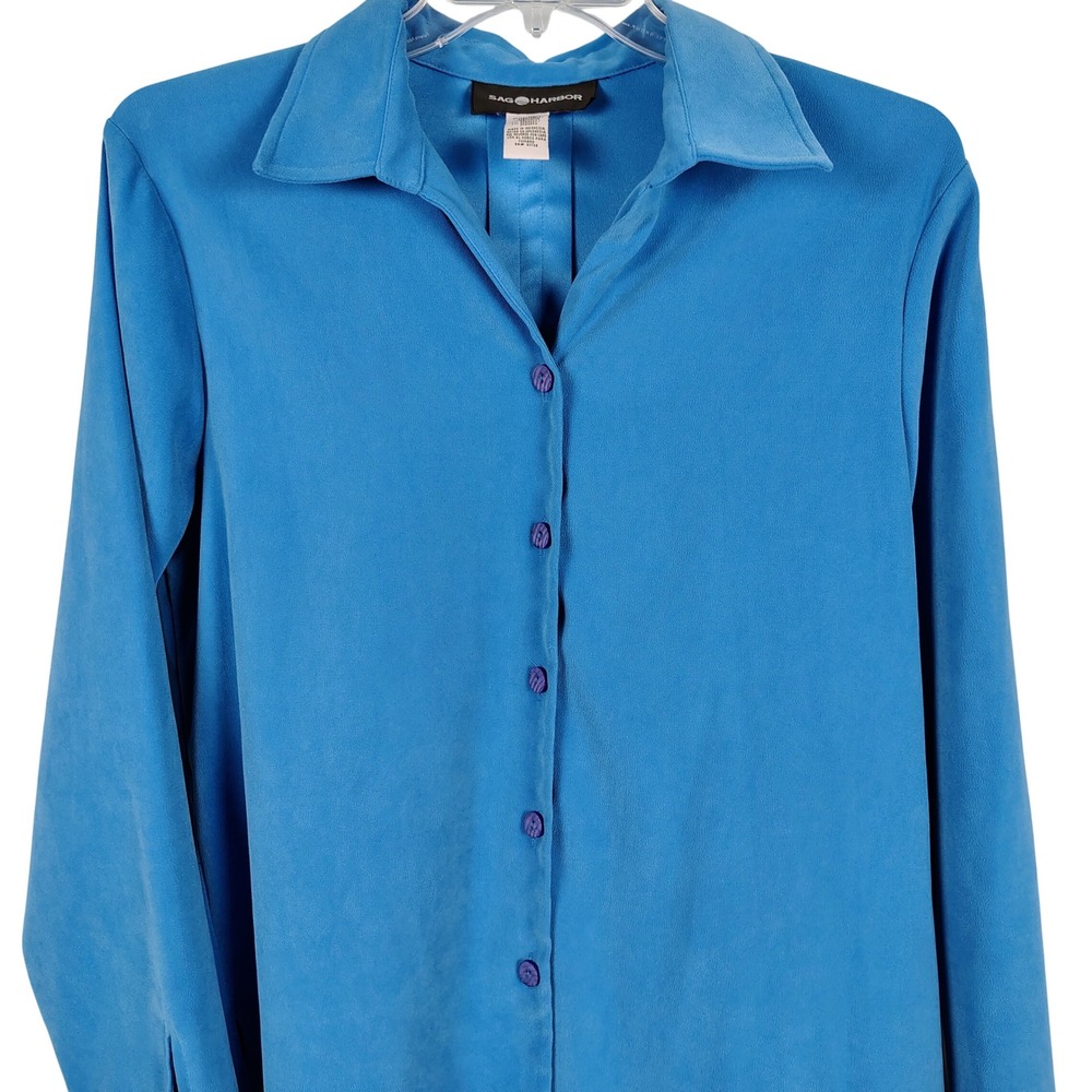 Sag Harbor Womens SZ 14 Button Front Blouse Blue Sueded Officecore 90s Vibe